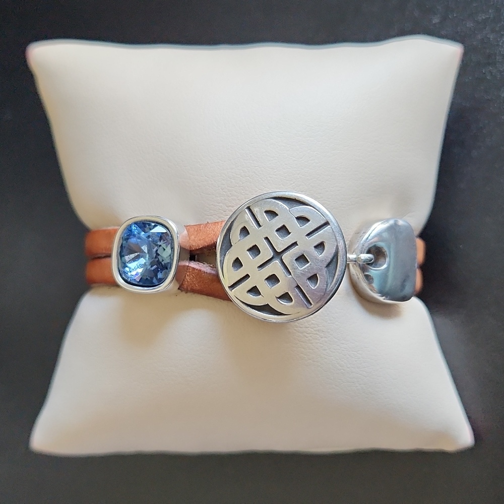 Leather and metal bracelet celtic design blue gem